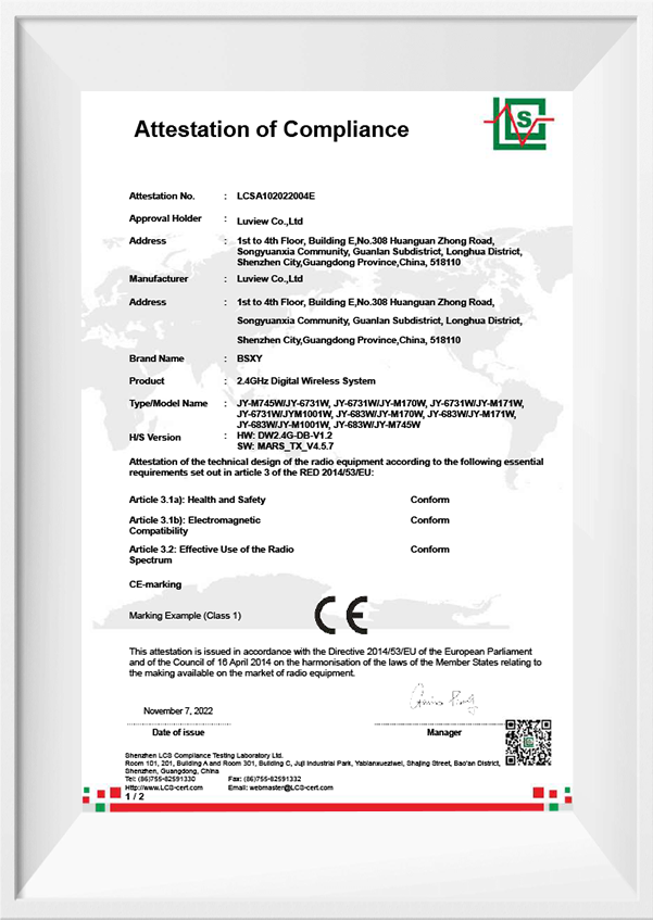 luview product certificate CE